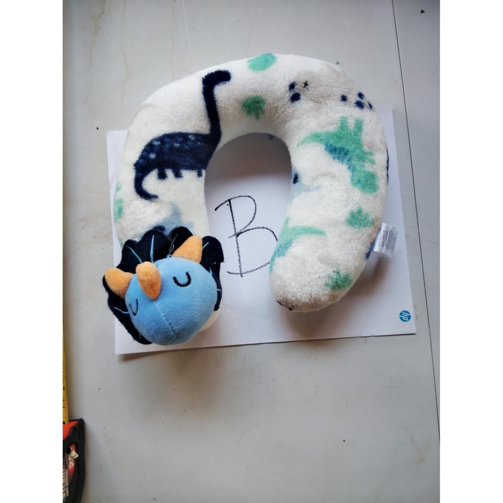D06123 Kids Travel Neck Pillow White Dinosaur Print Plush Triceratops Attached